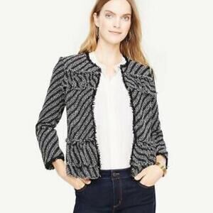 Ann Taylor Ruffle Tweed Diagonal Stripe Jacket Blazer Black Size 4